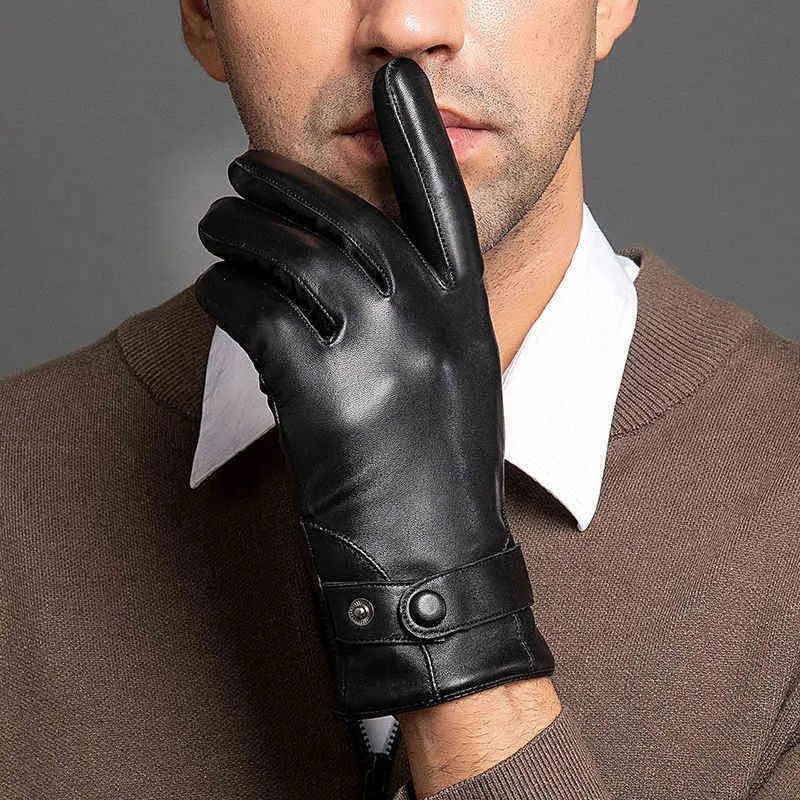 Gants de moto en cuir de mouton pour hommes d'affaires d'automne et d'hiver avec écran tactile et doigts complets, noirs, NR196 211224_voghion.com