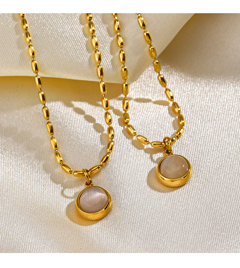 Halsketten mit Anhänger, kleine runde Jade-Halskette für Frauen und Mädchen, trendig, schlicht, goldfarben, Edelstahl, Halskette, Schmuck_voghion.com