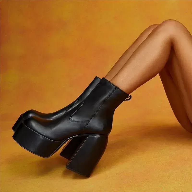 Botas femininas de salto plataforma, elásticas, cano curto, designer, cano alto, tendência feminina, cano alto, pretas, góticas, inverno_voghion.com