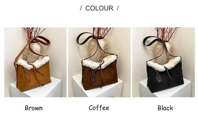 Sacs à bandoulière en daim de grande capacité pour femmes, sacoches solides et souples, sacs décontractés pour l'automne et l'hiver, patch en peluche pour femmes_voghion.com
