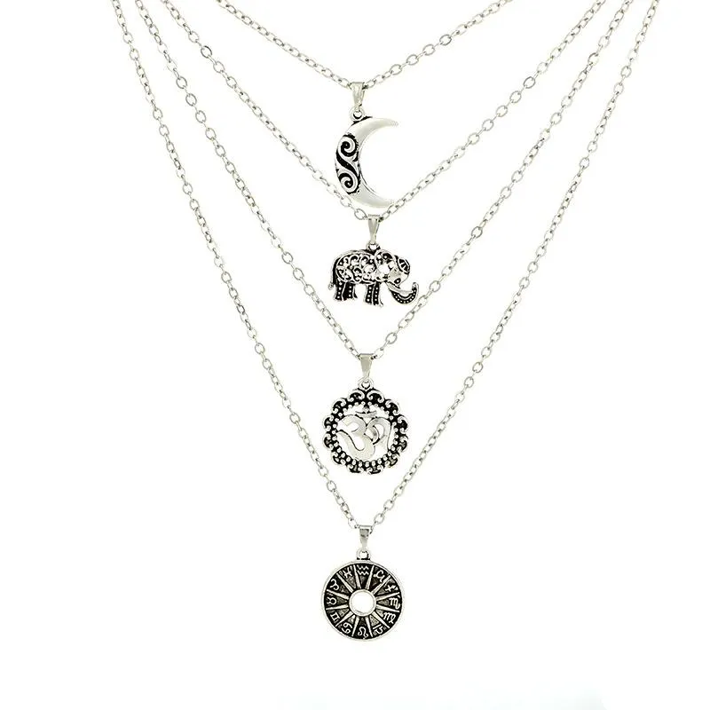 Colares com pingentes Boho 3D Elefante Lua Colar para mulheres Cor Prata Multicamadas Crescente Metal Jóias Colares_voghion.com