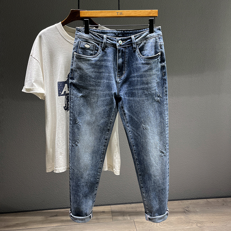 Jeans mode printemps/été pour hommes grande taille Jeans slim usés rétro américains pour hommes Pantalons fins et gras pour hommes