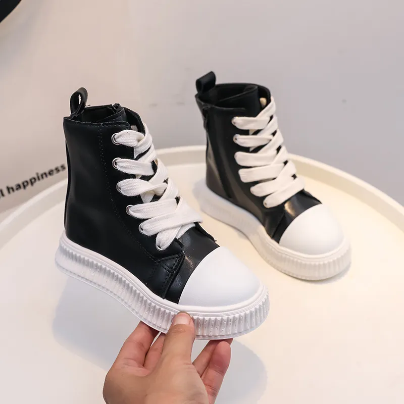 Tênis plataforma infantil preto vermelho couro zíper cadarço crianças meninos meninas casual happysteps fundo grosso criança alta_voghion.com