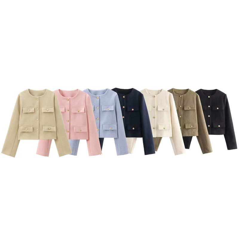 Damenbekleidung Mode Knopf Dekoration kurze Anzugjacke_voghion.com