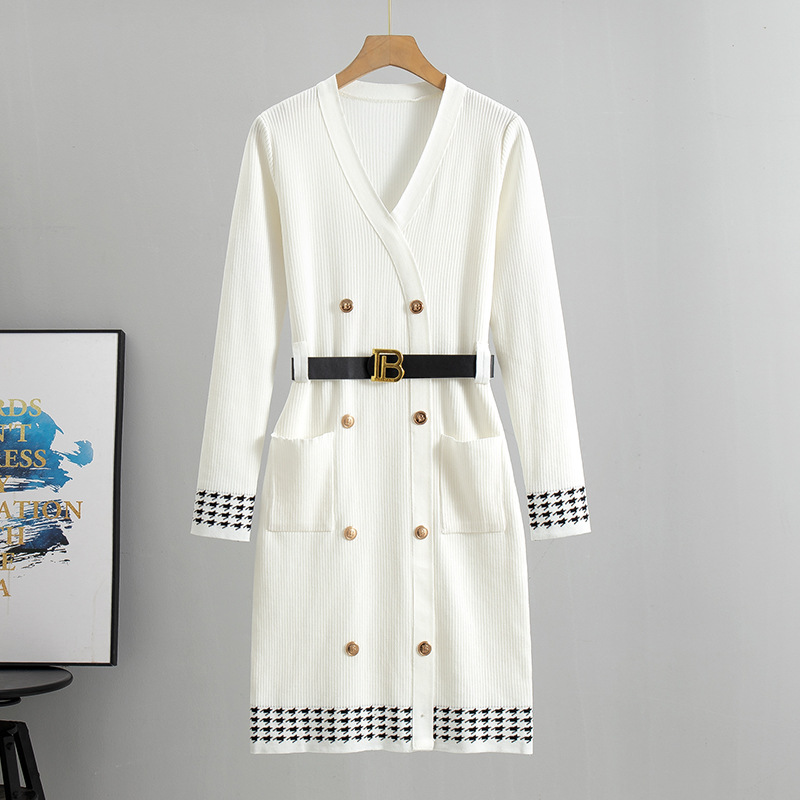 Vêtements pour femmes célébrité col en V double boutonnage taille à manches longues robe tricotée femme taille haut de gamme jupe mi-longue