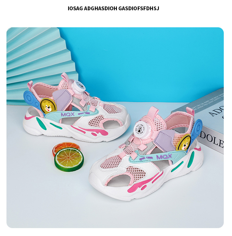 Baotou-Sandalen für Mädchen 2024 Sommer Neue Hohlnetz-Drehknopf-Strandschuhe für Kinder und Damen_voghion.com