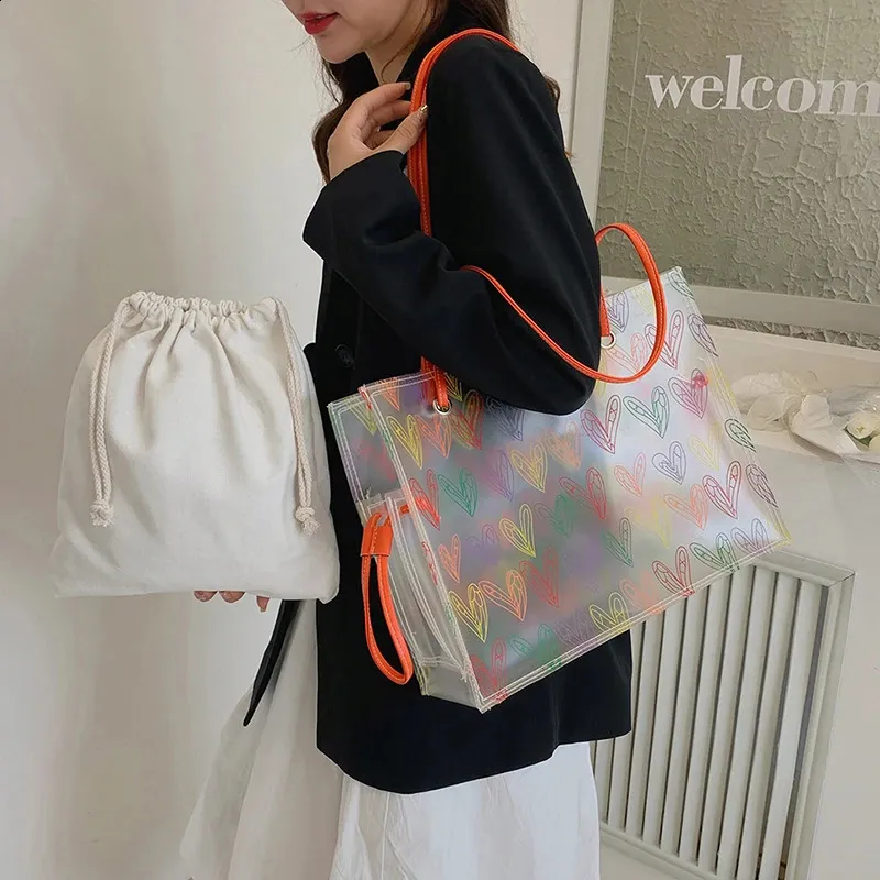 Heart Pattern Clear Pvc Tote Bag And Shoulder Bag Set For Summer_voghion.com