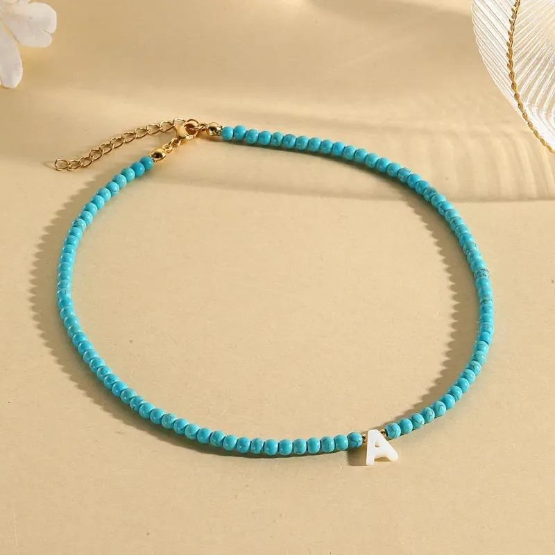 Collane con ciondolo Nome minimalista Iniziale Collana con perline blu da donna con 26 lettere dell'alfabeto Moda Compleanno Coppia_voghion.com