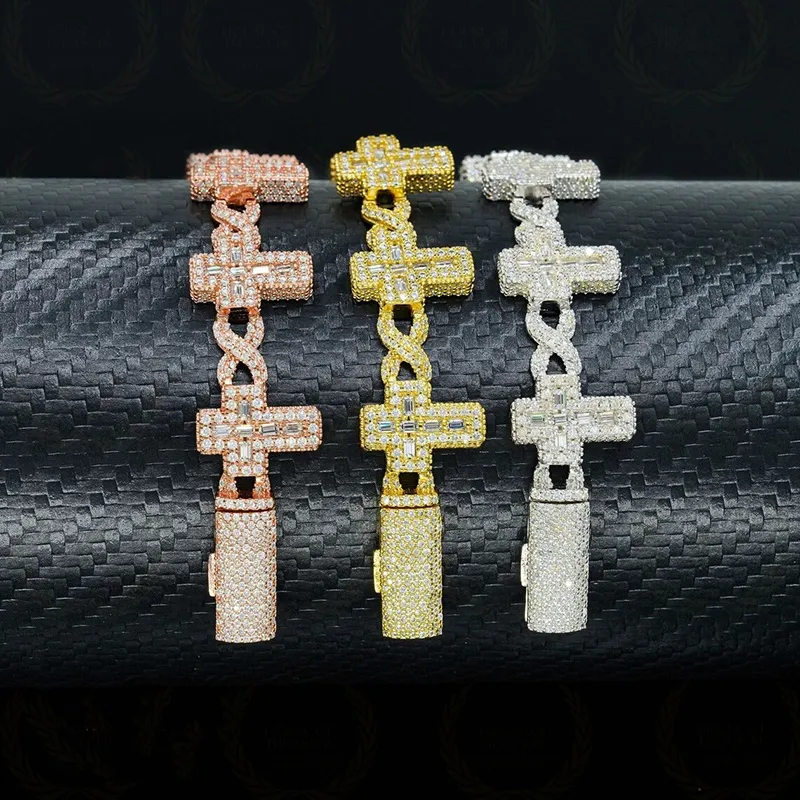 Cadena de eslabones cubanos con cruz de moissanita y baguette VVS con helado de plata de ley GRA de Christian Hip Hop Pass para hombres y mujeres_voghion.com