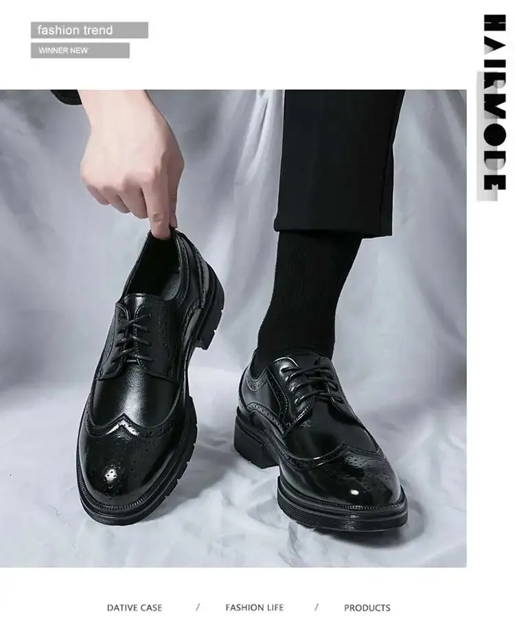 Oxford preto com ponta de asa feito à mão Brogue couro clássico formal masculino Oxfords 240607_voghion.com