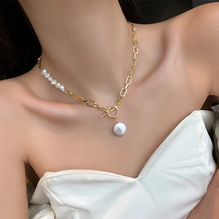Collier asymétrique en or 14 carats avec perles d'eau douce baroques naturelles pour femme, bijoux originaux, cadeaux non_voghion.com