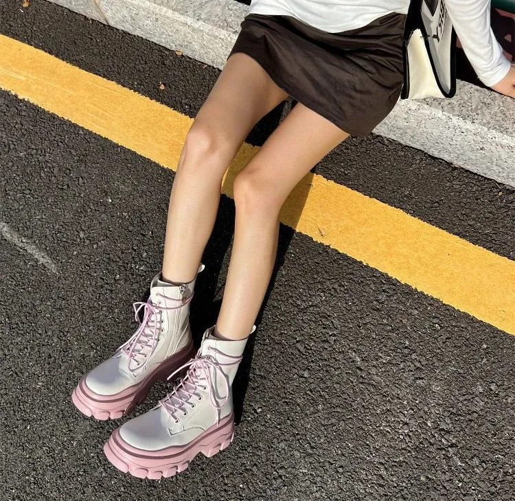 Bottines roses mignonnes pour femmes, bottines blanches de style punk, chaussures courtes kawaii pour femmes, combat, demi-saison, soldes, Pu_voghion.com