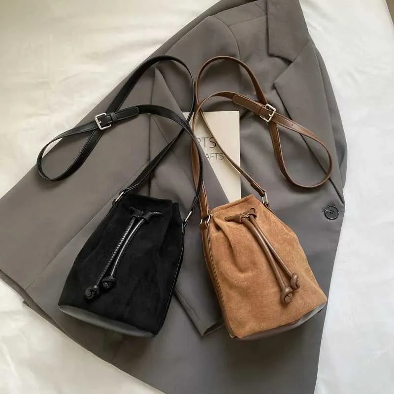 Suede Drstring Small Shoulder Bag Dark BrownC241217_voghion.com