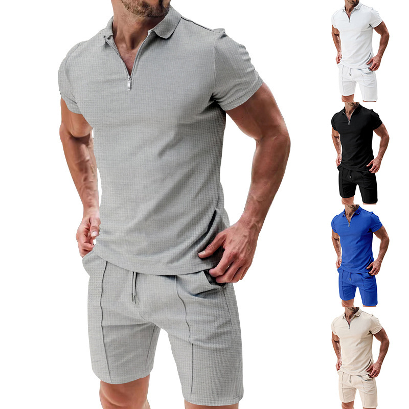 Herren Polo Shirt Set Kurzarm Sommer Freizeit Outfit Waffeloptik_voghion.com