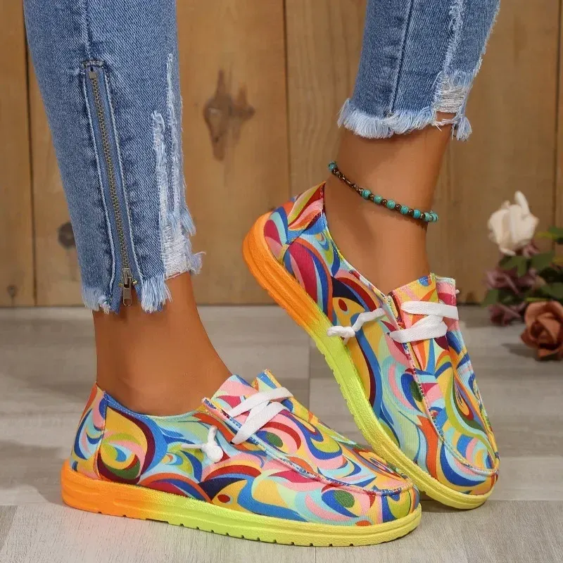 Women Ethnic Rainbow Canvas Autumn New Casual Daily Ladies Flat Shoes Round Toe Multi-Color Print Lace-up Sneakers_vogvips.com