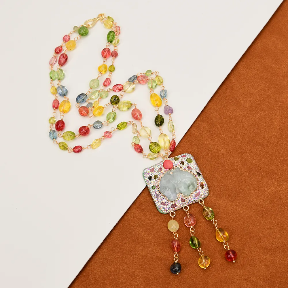 Pendant Necklaces GG Jewelry 2 Rows Mix Color Natural Crystal Smooth Net Stone Necklace Jadeite Carved Elephant_voghion.com