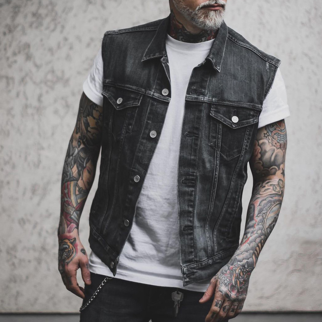 men's clothing punk casual men's denim vest sleeveless lapel denim jacket_voghion.com