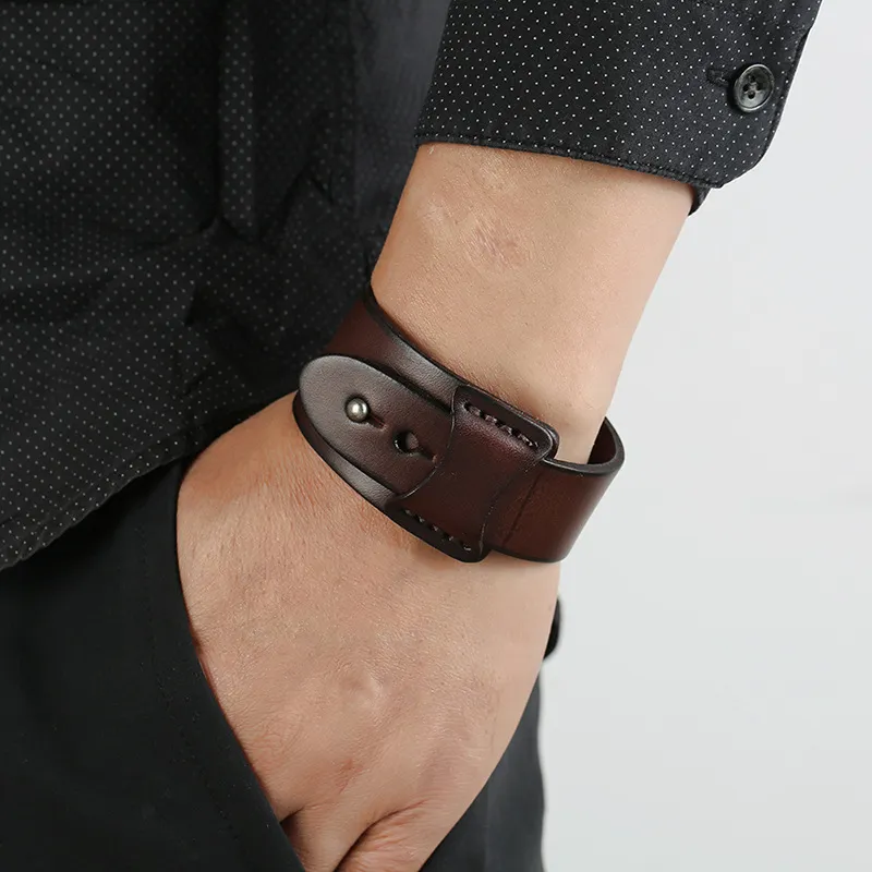 Bangle Vintage Genuine Leather Wide Cuff Men's Bracelet Punk Hiphop Ornament Male Wristband Jewelry Accessories Gift_voghion.com