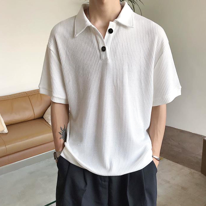 Herren Waffelpiqué Poloshirt Karo Muster Locker Kurzarm Sommer_voghion.com