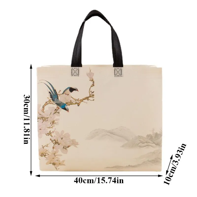 Non-woven Shopping Eco Large Capacity Portable Storage Pouch Flower Bird Print Handbag Reusable Foldable Shoulder Bag_voghion.com
