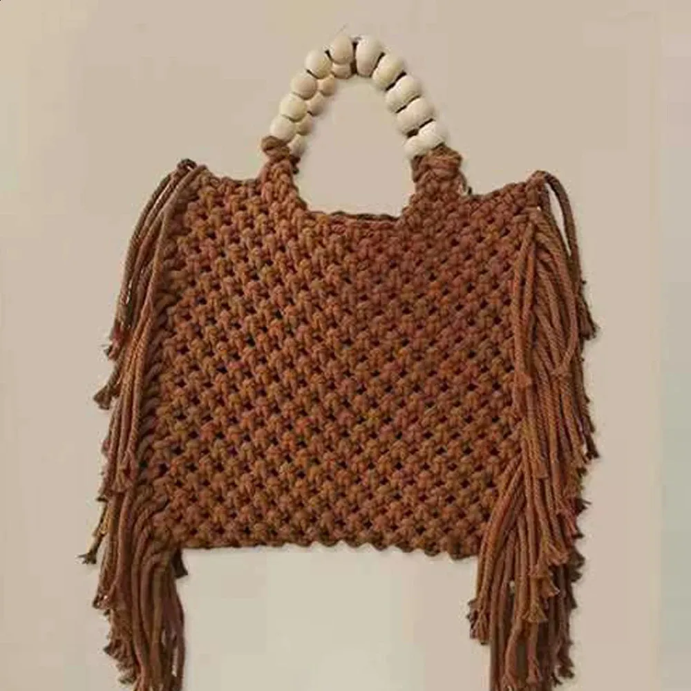 Knitted Tote Bag With Tassel Beading Large Capacity Beach Bag_voghion.com