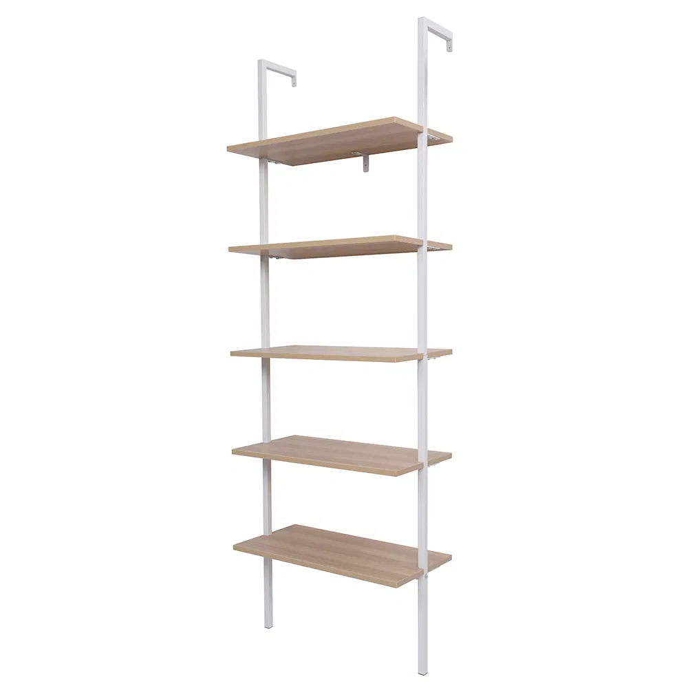 5-Shelf Wood Ladder Bookcase With Metal Frame Industrial 5-Tier Modern Ladder Shelf_voghion.com