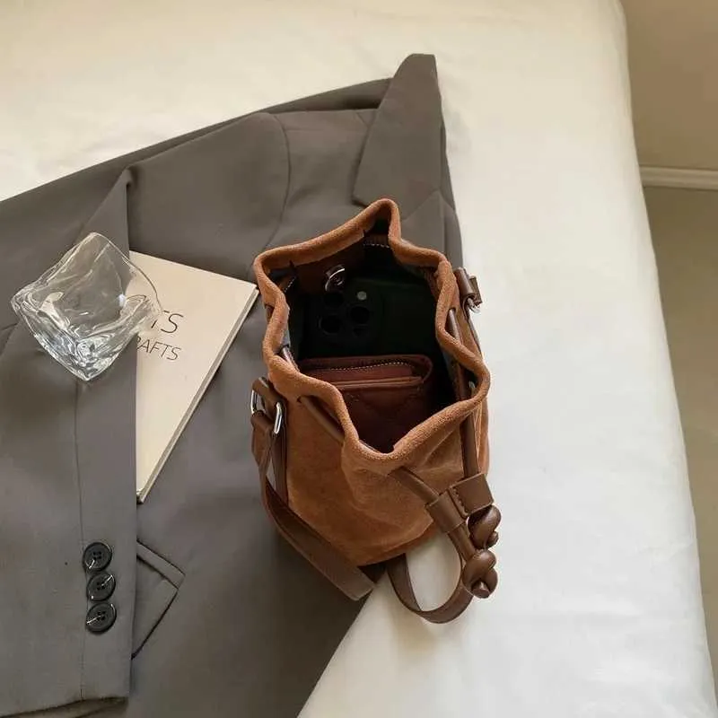 Suede Drstring Small Shoulder Bag Dark BrownC241217_voghion.com