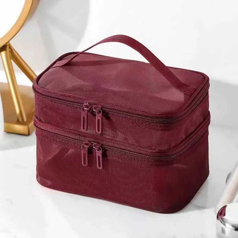 Reise-Kosmetik-Organizer mit 2 Schichten, transparent, faltbar, Netz-Reißverschluss, große Kapazität, Make-up-Reinigungstasche 2024_voghion.com