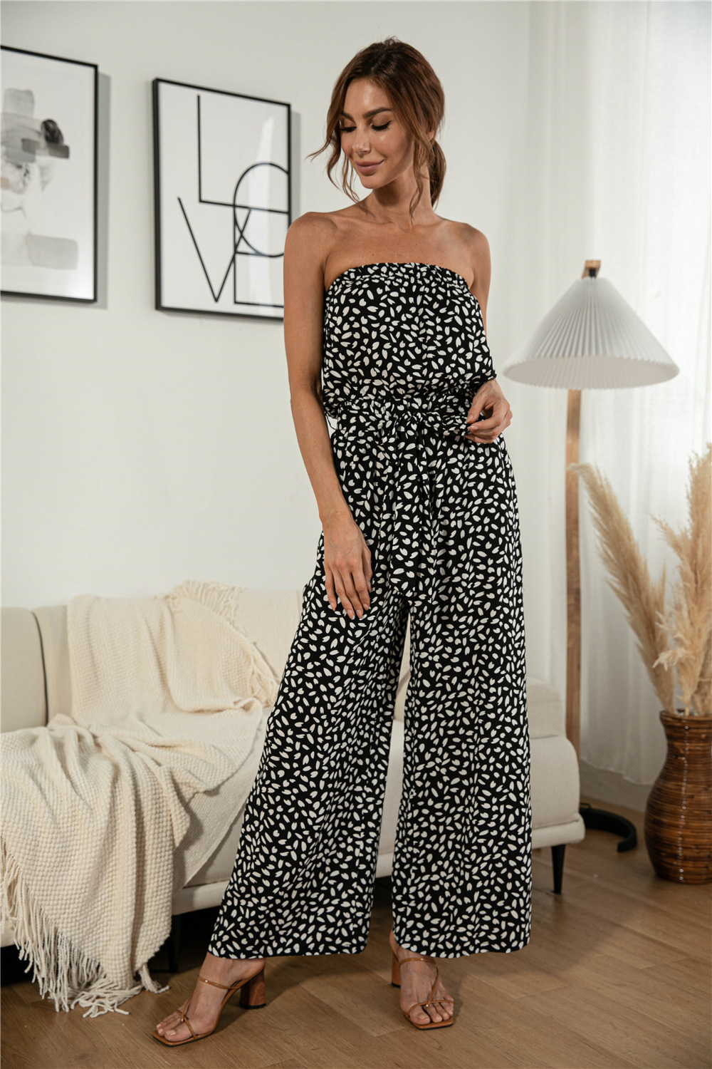 Nuevos productos de verano para mujer, nuevo mono de pierna ancha con cordones y estampado de lunares en forma de corazón y top de tubo sexy_voghion.com