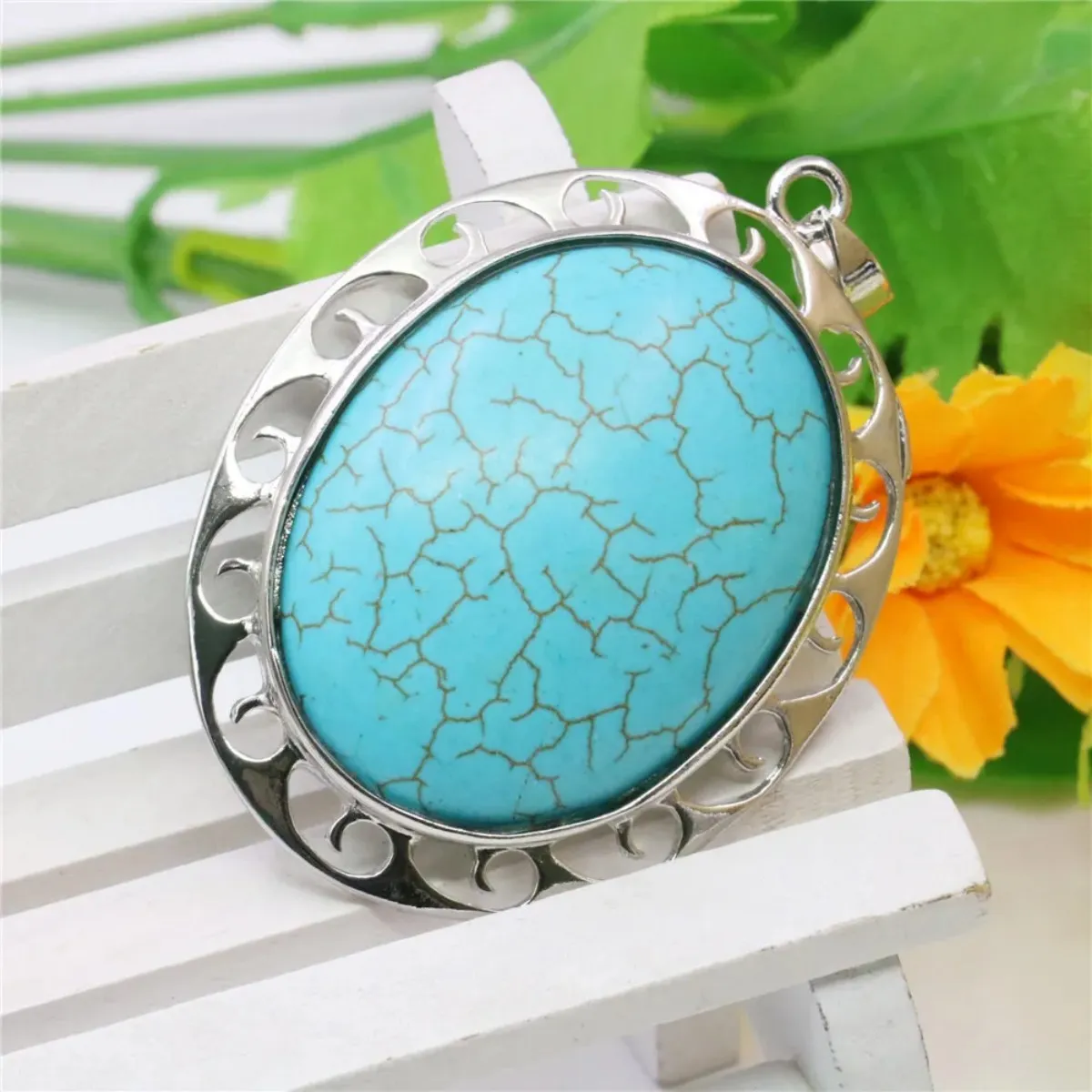 Colliers pendentifs ovales bleu dinde turquoise 42X50mm alliage bordure en métal pierre naturelle femmes filles cadeaux accessoires_voghion.com