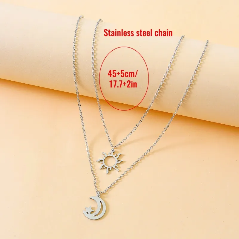 Collane con ciondolo 2 pezzi alla moda in acciaio inossidabile per sole e luna con collana elegante in cartone per donne e ragazze_voghion.com