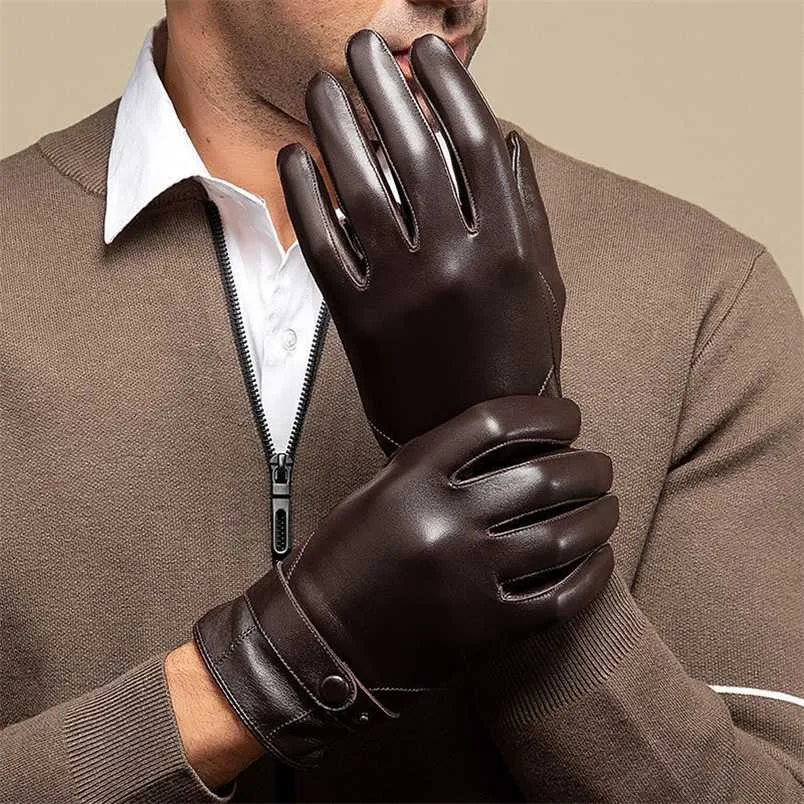 Gants de moto en cuir de mouton pour hommes d'affaires d'automne et d'hiver avec écran tactile et doigts complets, noirs, NR196 211224_voghion.com