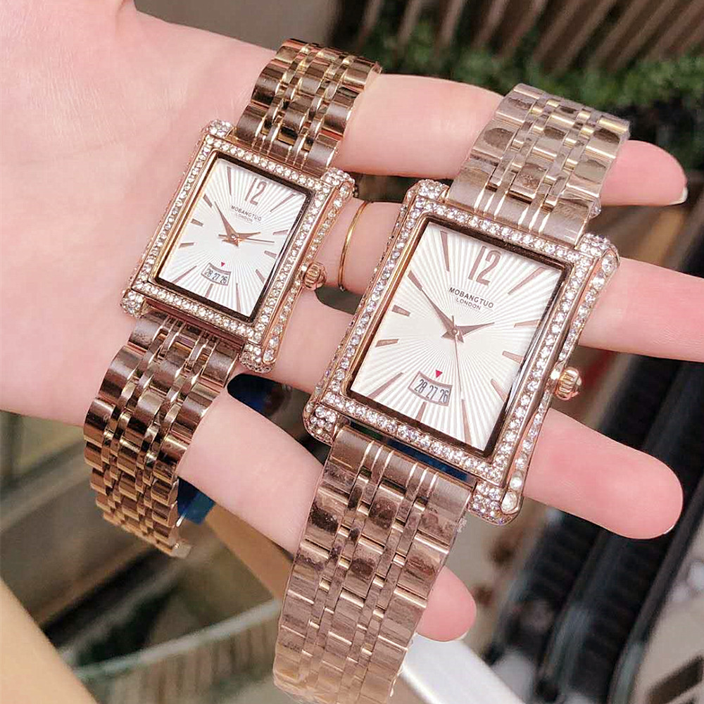 Orologio da donna per coppia, nuovo, alla moda, quadrante quadrato, calendario, cinturino in acciaio di precisione con inserto in diamanti, impermeabile e_voghion.com