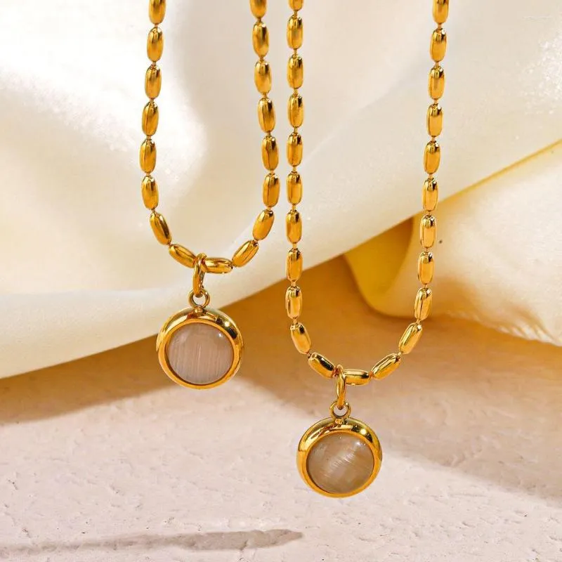 Halsketten mit Anhänger, kleine runde Jade-Halskette für Frauen und Mädchen, trendig, schlicht, goldfarben, Edelstahl, Halskette, Schmuck_voghion.com