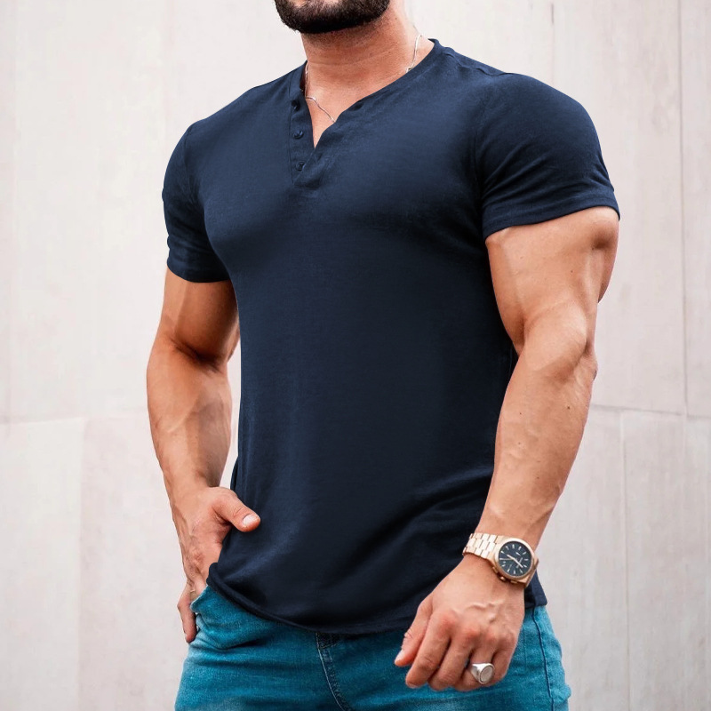 2023 Neues Sommer-T-Shirt für Herren, lässig, einfarbig, kurzärmelig, Rundhalsausschnitt, Pullover, Knopfleiste, Henley-Shirt_voghion.com