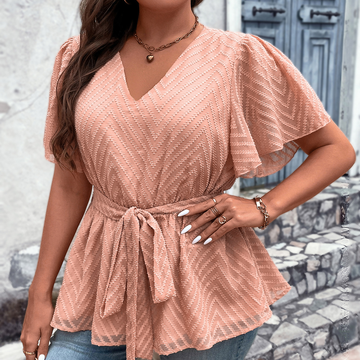 Women's cover belly new summer loose large size temperament V-neck top half short sleeve_voghion.com