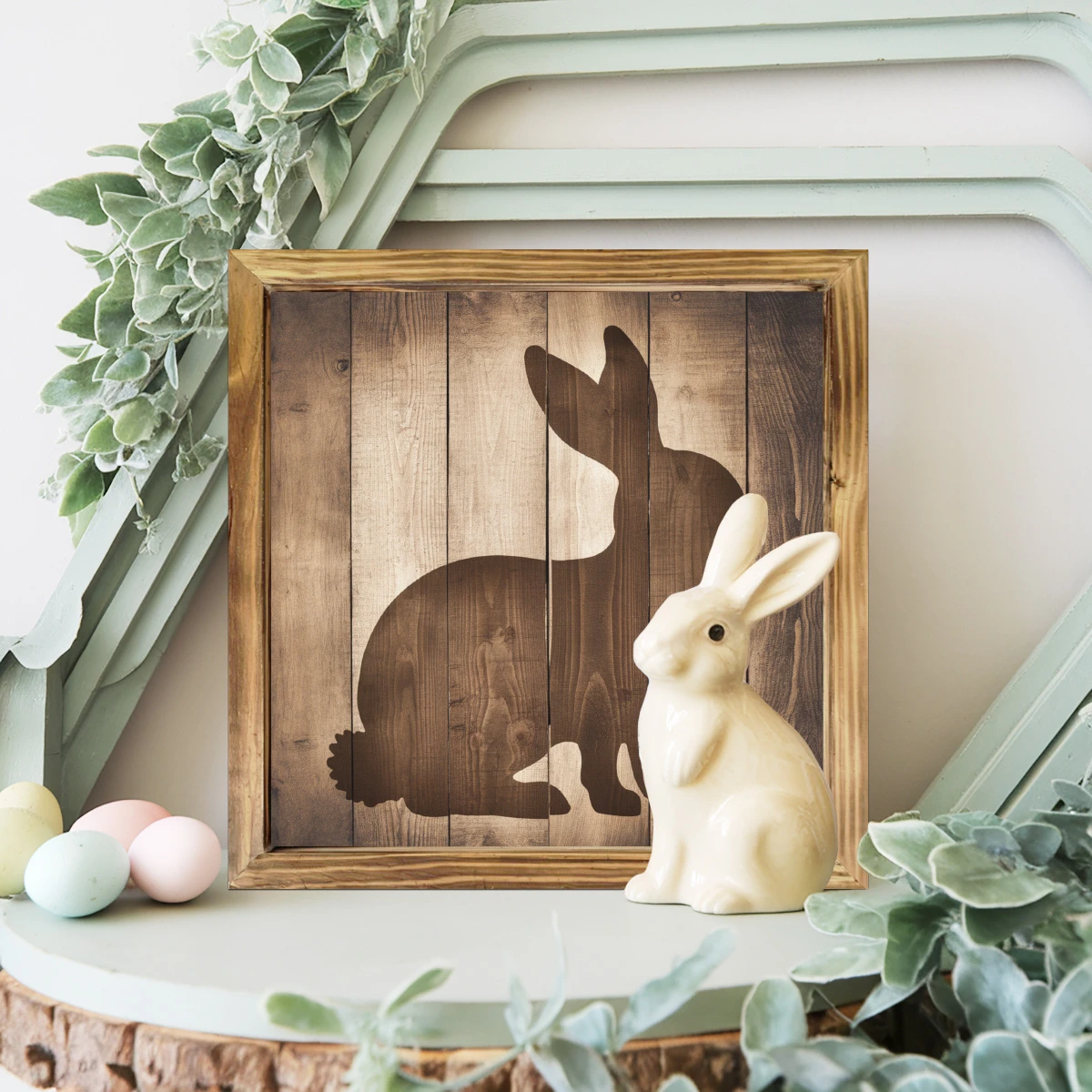 "8x8" Rustic Bunny Silhouette Wood Sign - Farmhouse Wall Art For Kitchen, Bedroom & Office | No Power | Easter/Housewarming Gift_voghion.com