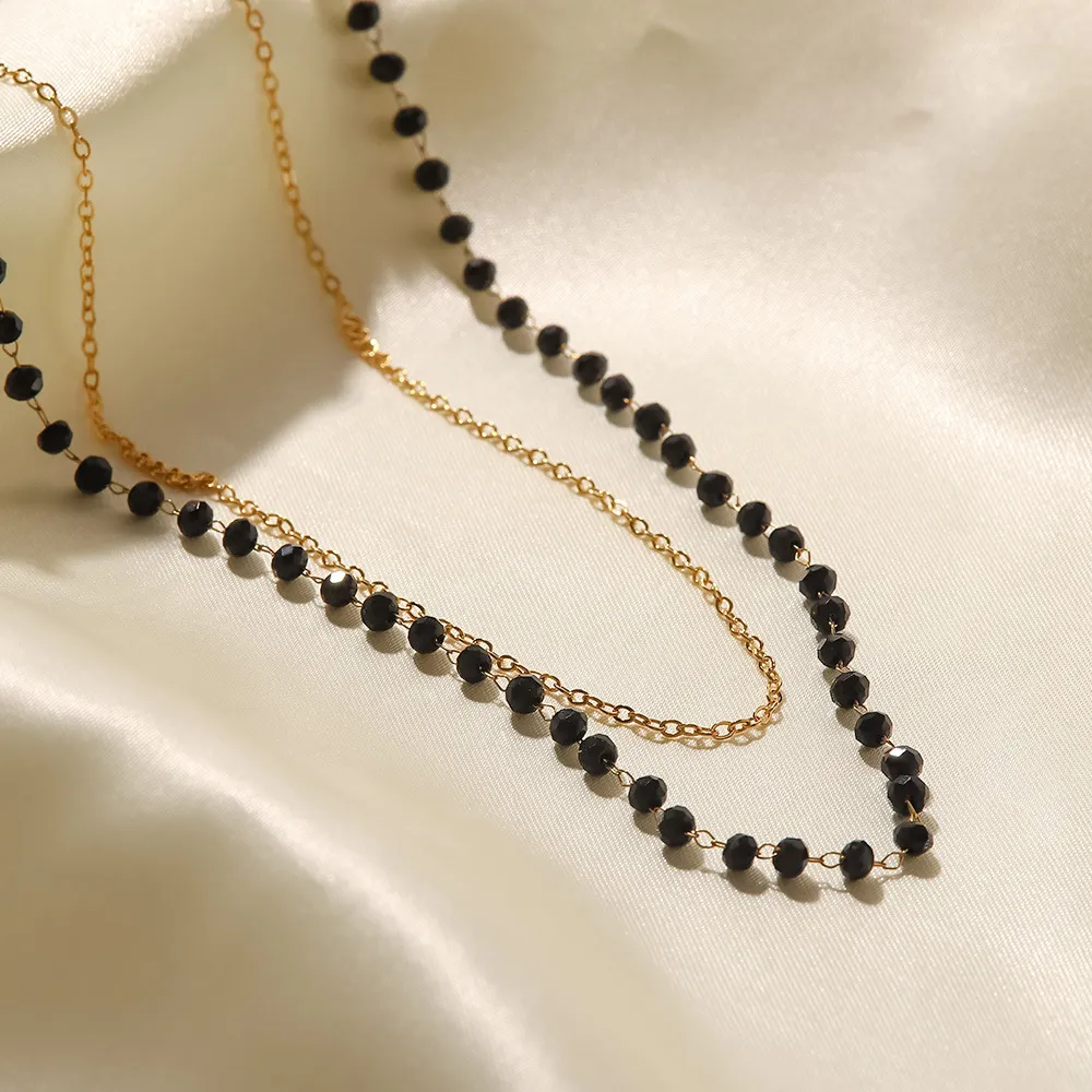 Catene Bohemia Mini Piccola Collana a strati con perline nere per donna Acciaio inossidabile Catena sottile Collare Choker Chic_voghion.com