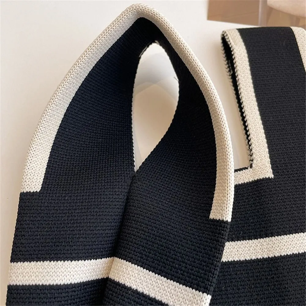 1PC Women Mini Handbag Handmade Knit Knot Wrist Japanese Color Wide Stripe Plaid Tote Bag Student Reusable Shopping Bags_voghion.com