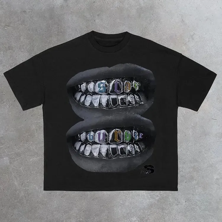 Loose Lip Print Graphic 100% Cotton T-Shirt Men Y2K Summer Short Sleeves Vintage Oversize Tshirt Streetwear Women Tops_voghion.com