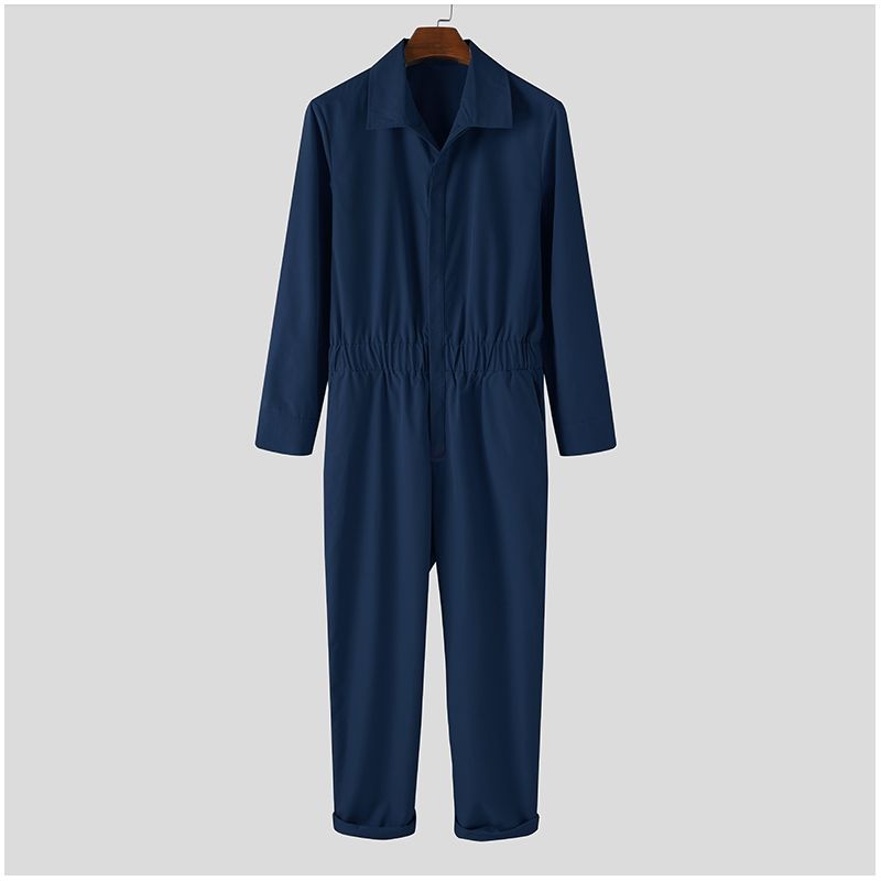 2024 Mænd Ensfarvet Jumpsuit Playsuit Knapper Casual Cargo Tøj Overalls Turn Down Krave Langærmet Oversized_voghion.com