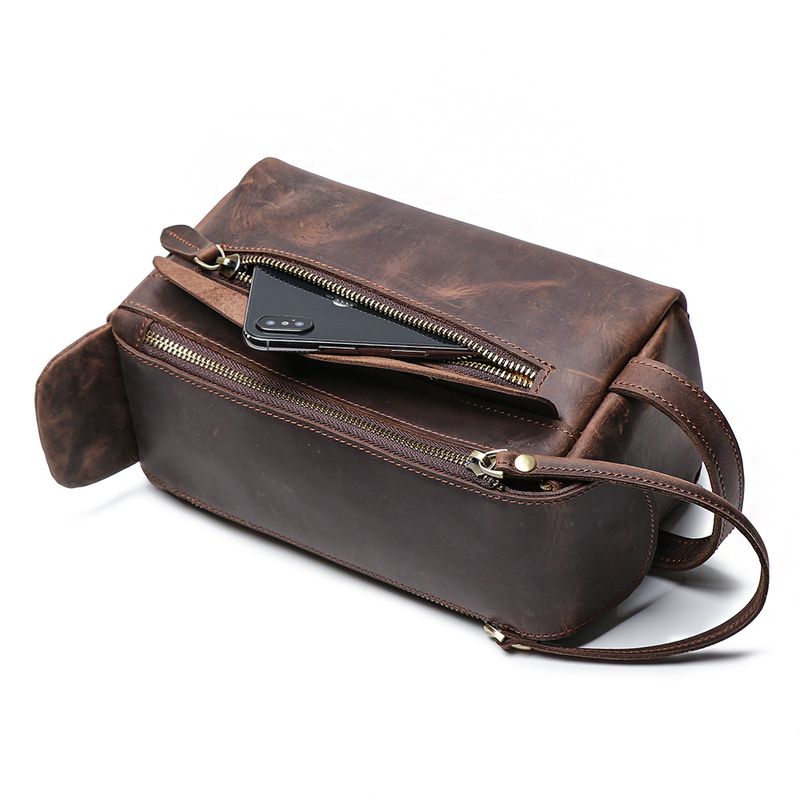 Multifunktionale Retro-Lederhandtasche Herren-Make-up-Tasche, große Kapazität, Aufbewahrungstasche für Toilettenartikel_voghion.com