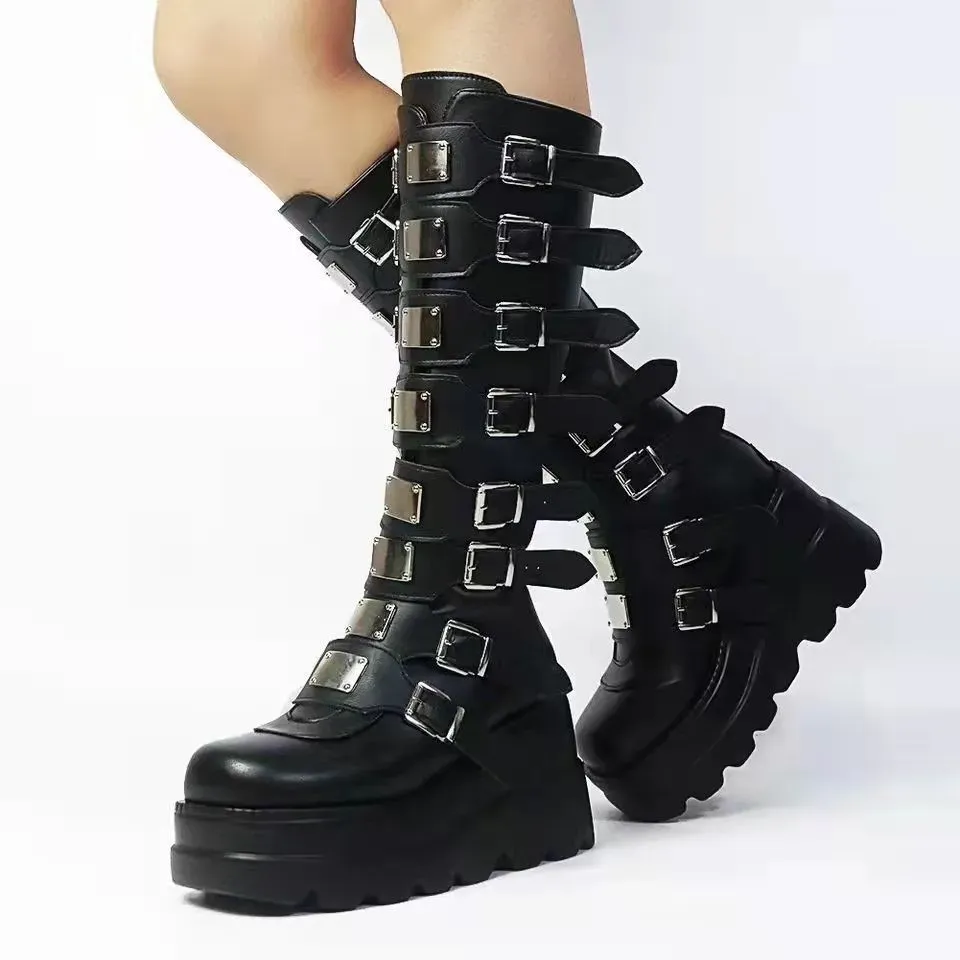 Botas góticas de plataforma até o joelho, estilo punk, pretas, sexy, para motociclistas, lançamento 2023, cosplay de Halloween 2024, sapatos Atos Mujer para mulheres._voghion.com