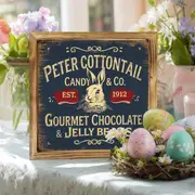Vintage 'Peter Cottontail Candy Co.' Wooden Sign - 8x8" Farmhouse Wall Art. Perfect For Kitchen, Office Or As A Housewarming Gift._voghion.com