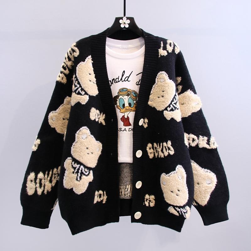 Vêtements pour femmes Bear Cardigan Jacket Femmes Automne Hiver Vêtements pour femmes Nouveau style lâche paresseux Vêtements d'extérieur Cardigan tricoté Pull Veste