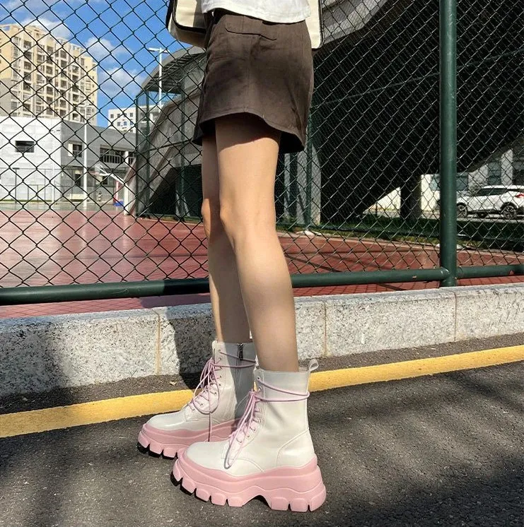Bottines roses mignonnes pour femmes, bottines blanches de style punk, chaussures courtes kawaii pour femmes, combat, demi-saison, soldes, Pu_voghion.com