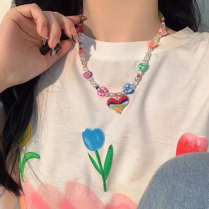 Collar con colgante de corazón y cereza mujer estilo y2k boho_voghion.com