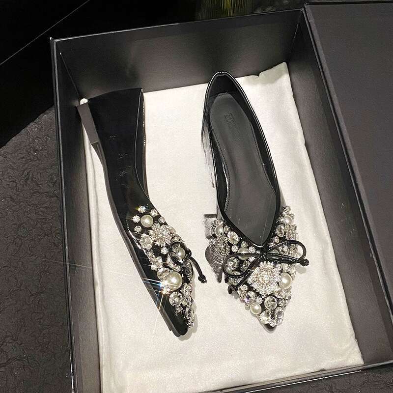 2025 New Pointed Bow Single Hundred Shallow Mouth Drilling Fairy Flat Large Women's Shoes_voghion.com