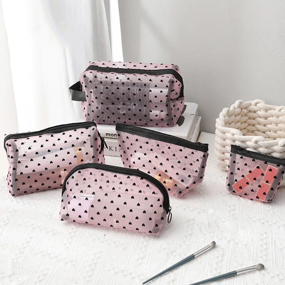 5Pcs Love Print Mesh Cosmetic Portable Toiletry Organizer Makeup Bag Multifunction Transparent Women Lipstick Storage_voghion.com
