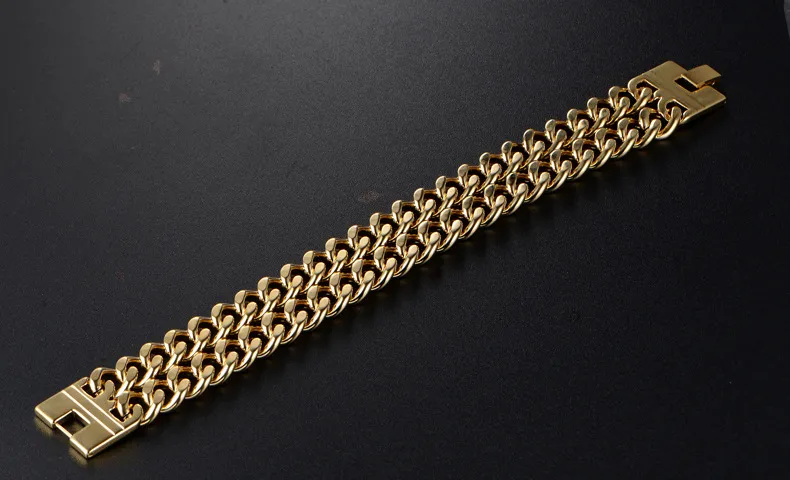 Arany színű, 316L rozsdamentes acélból készült, dupla szegélyű kubai láncos férfi és fiú karkötő, 23 mm-es, 9 hüvelykes menő láncszemekkel._voghion.com